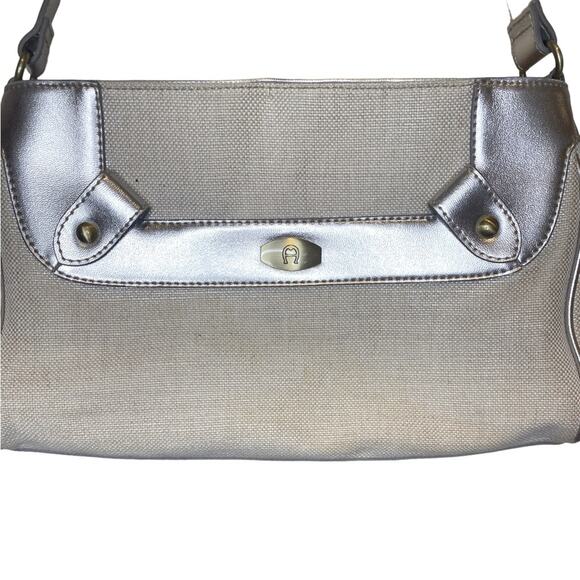 ETIENNE AIGNER Beige Linen W/ Metallic Gold Leather Trim Shoulder Bag Purse - Picture 4 of 10
